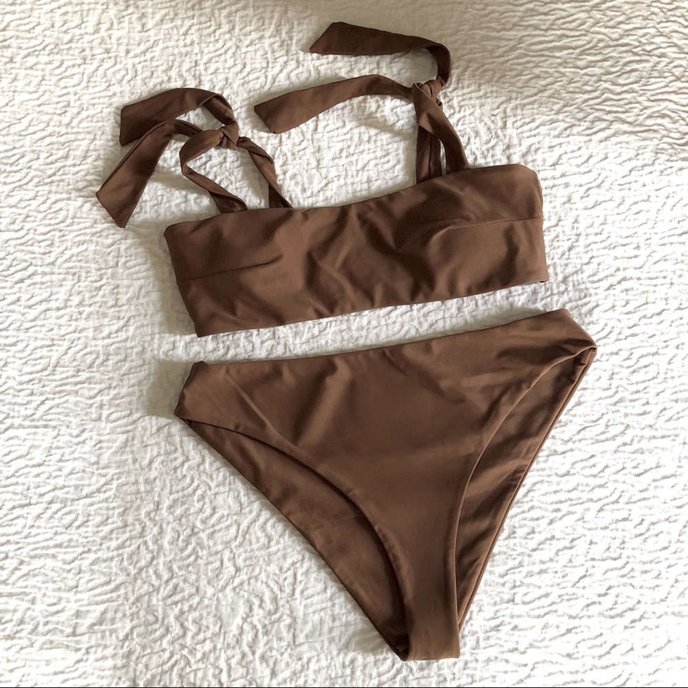 SHEIN Brown Tie Top Swimsuit Set